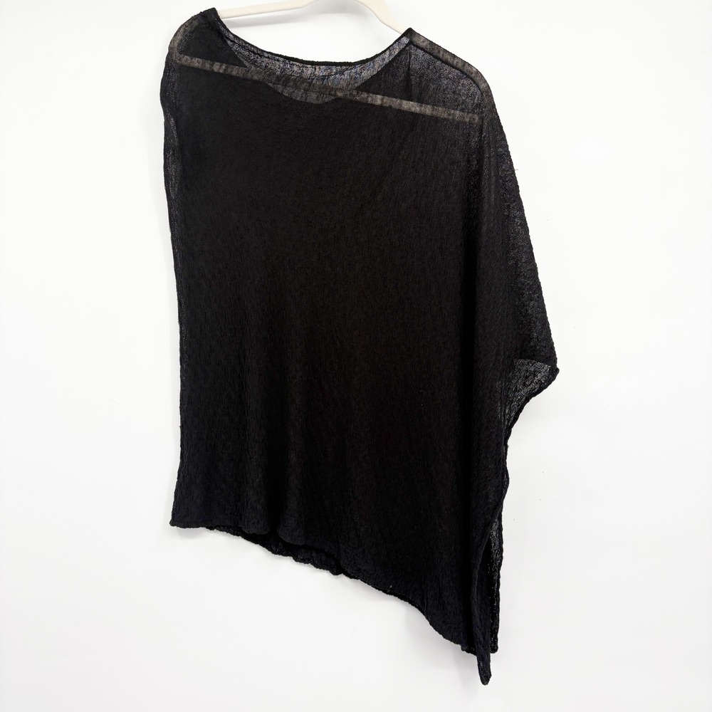 Eileen Fisher Womens Black Sheer Italian Yarn Asymmetrical Lagenlook Poncho OS